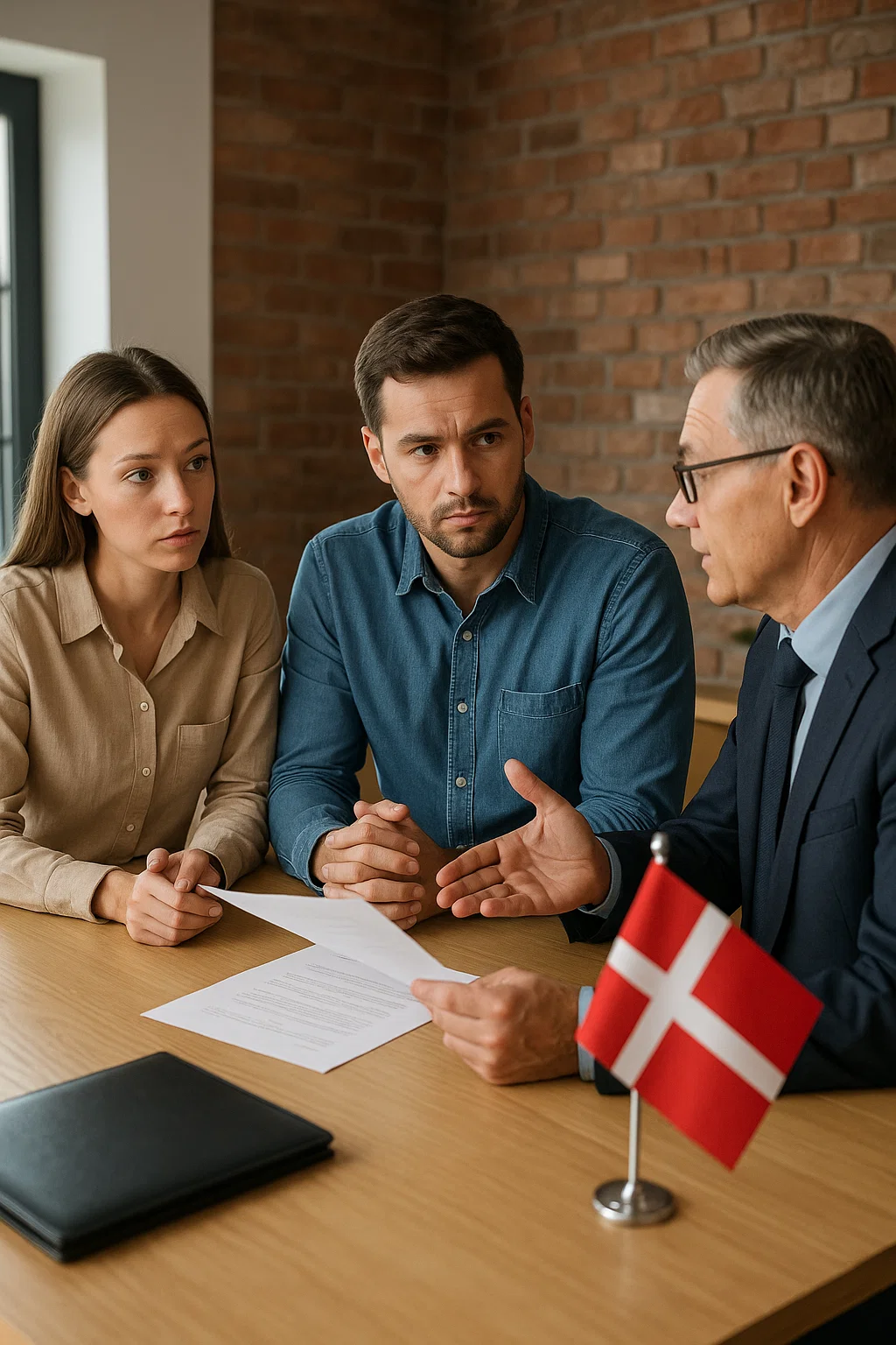 Et par lytter opmærksomt til en rådgiver under en forretningskonsultation på et kontor, med dansk flag og juridiske dokumenter på bordet.