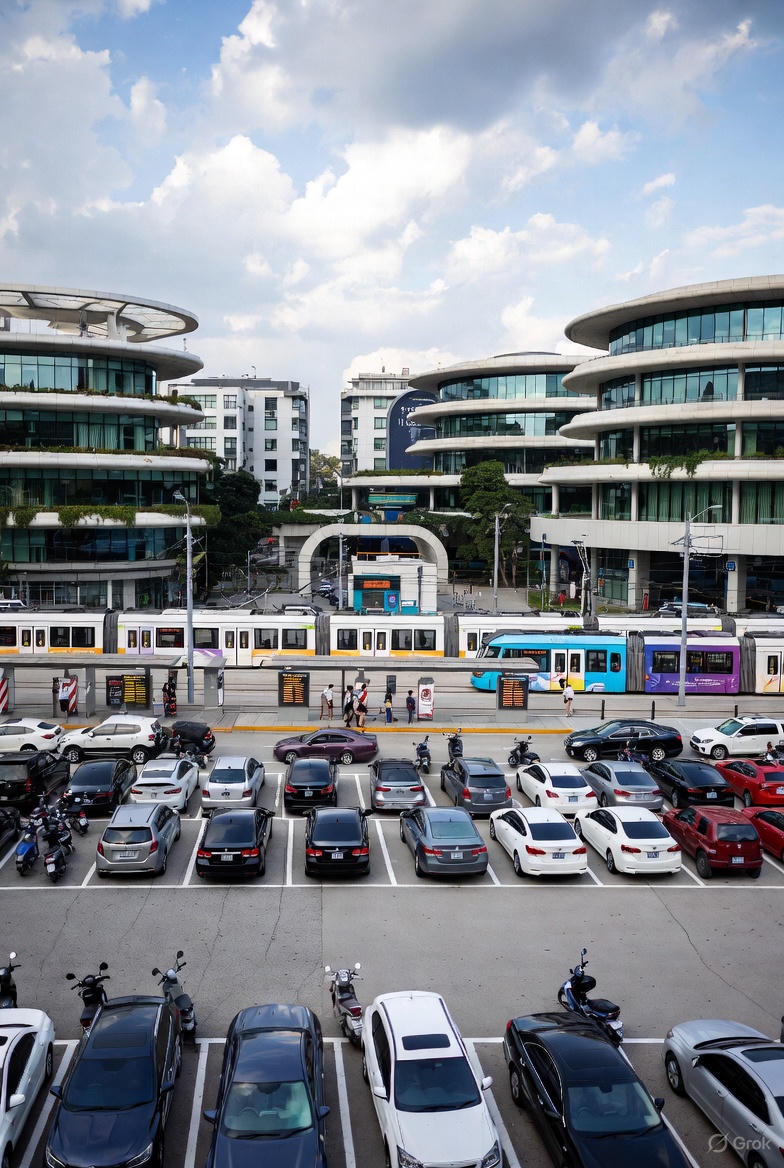 En moderne, solbeskinnet parkeringsplads med mange biler og motorcykler opstillet i rækker, lige ved siden af ​​et travlt sporvognsstoppested i en by. Farverige sporvogne er parkeret ved perronen, mens et par fodgængere venter eller går mod toget.